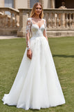 Ivory A Line Illusion Neck Sweep Train Wedding Dress with Lace