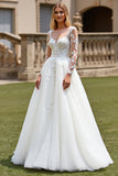 Ivory A Line Illusion Neck Sweep Train Wedding Dress with Lace