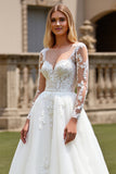 Ivory A Line Illusion Neck Sweep Train Wedding Dress with Lace