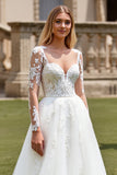 Ivory A Line Illusion Neck Sweep Train Wedding Dress with Lace