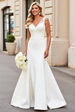 Ivory Mermaid Satin Sweep Train V Neck Wedding Dress with Lace