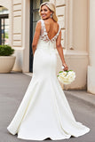Ivory Mermaid Satin Sweep Train V Neck Wedding Dress with Lace