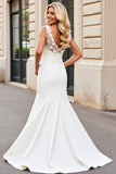 Ivory Mermaid Satin Sweep Train V Neck Wedding Dress with Lace