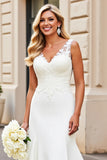 Ivory Mermaid Satin Sweep Train V Neck Wedding Dress with Lace