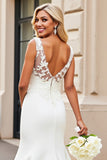 Ivory Mermaid Satin Sweep Train V Neck Wedding Dress with Lace