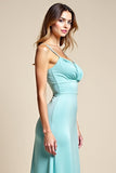 Spaghetti Straps Light Blue V-Neck Long Bridesmaid Dress