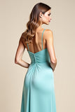 Spaghetti Straps Light Blue V-Neck Long Bridesmaid Dress