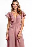 Dusty Rose A Line Long Flutter Sleeves Bridesmaid Jumpsuit