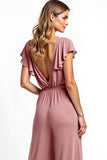 Dusty Rose A Line Long Flutter Sleeves Bridesmaid Jumpsuit