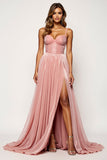 Corset Blush Pink Spaghetti Straps A Line Long Prom Dress with Slit