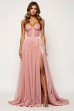 Corset Blush Pink Spaghetti Straps A Line Long Prom Dress with Slit