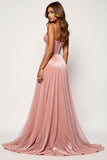 Corset Blush Pink Spaghetti Straps A Line Long Prom Dress with Slit