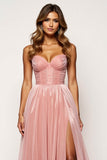 Corset Blush Pink Spaghetti Straps A Line Long Prom Dress with Slit