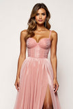 Corset Blush Pink Spaghetti Straps A Line Long Prom Dress with Slit
