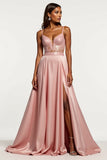 Dusty Rose A Line Satin V-Neck Long Prom Dress with Slit