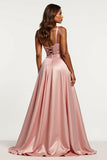 Dusty Rose A Line Satin V-Neck Long Prom Dress with Slit