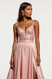 Dusty Rose A Line Satin V-Neck Long Prom Dress with Slit