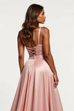 Dusty Rose A Line Satin V-Neck Long Prom Dress with Slit