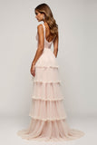 Candy Pink A Line Tiered V-Neck Long Prom Dress with Slit