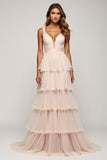 Candy Pink A Line Tiered V-Neck Long Prom Dress with Slit