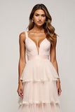 Candy Pink A Line Tiered V-Neck Long Prom Dress with Slit