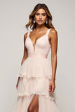 Candy Pink A Line Tiered V-Neck Long Prom Dress with Slit
