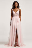 Candy Pink A Line Chiffon V-Neck Lace Long Prom Dress with Slit