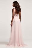 Candy Pink A Line Chiffon V-Neck Lace Long Prom Dress with Slit