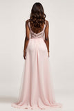 Candy Pink A Line Chiffon V-Neck Lace Long Prom Dress with Slit