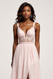 Candy Pink A Line Chiffon V-Neck Lace Long Prom Dress with Slit