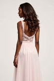 Candy Pink A Line Chiffon V-Neck Lace Long Prom Dress with Slit