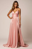 Blush Pink A Line Satin Ruched V-Neck Long Prom Dress with Slit