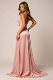 Blush Pink A Line Satin Ruched V-Neck Long Prom Dress with Slit