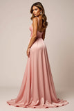 Blush Pink A Line Satin Ruched V-Neck Long Prom Dress with Slit