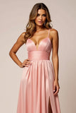 Blush Pink A Line Satin Ruched V-Neck Long Prom Dress with Slit
