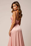 Blush Pink A Line Satin Ruched V-Neck Long Prom Dress with Slit