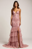 Dusty Rose Mermaid V-Neck Tiered Long Prom Dress with Silt
