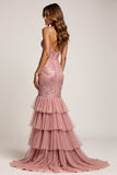 Dusty Rose Mermaid V-Neck Tiered Long Prom Dress with Silt