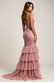 Dusty Rose Mermaid V-Neck Tiered Long Prom Dress with Silt