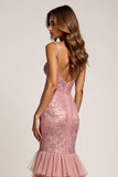 Dusty Rose Mermaid V-Neck Tiered Long Prom Dress with Silt