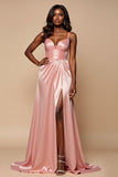 Blush Pink A Line Satin Ruched Long Prom Dress with Slit