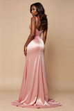 Blush Pink A Line Satin Ruched Long Prom Dress with Slit