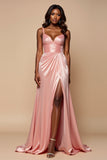 Blush Pink A Line Satin Ruched Long Prom Dress with Slit
