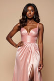 Blush Pink A Line Satin Ruched Long Prom Dress with Slit