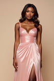 Blush Pink A Line Satin Ruched Long Prom Dress with Slit