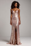 Sparkly Dusty Rose Sheath V-Neck Long Prom Dress with Sequins