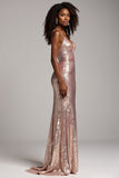 Sparkly Dusty Rose Sheath V-Neck Long Prom Dress with Sequins