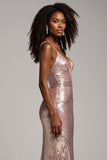 Sparkly Dusty Rose Sheath V-Neck Long Prom Dress with Sequins