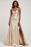 Champagne A Line Sweetheart Satin Long Prom Dress with Slit