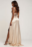 Champagne A Line Sweetheart Satin Long Prom Dress with Slit